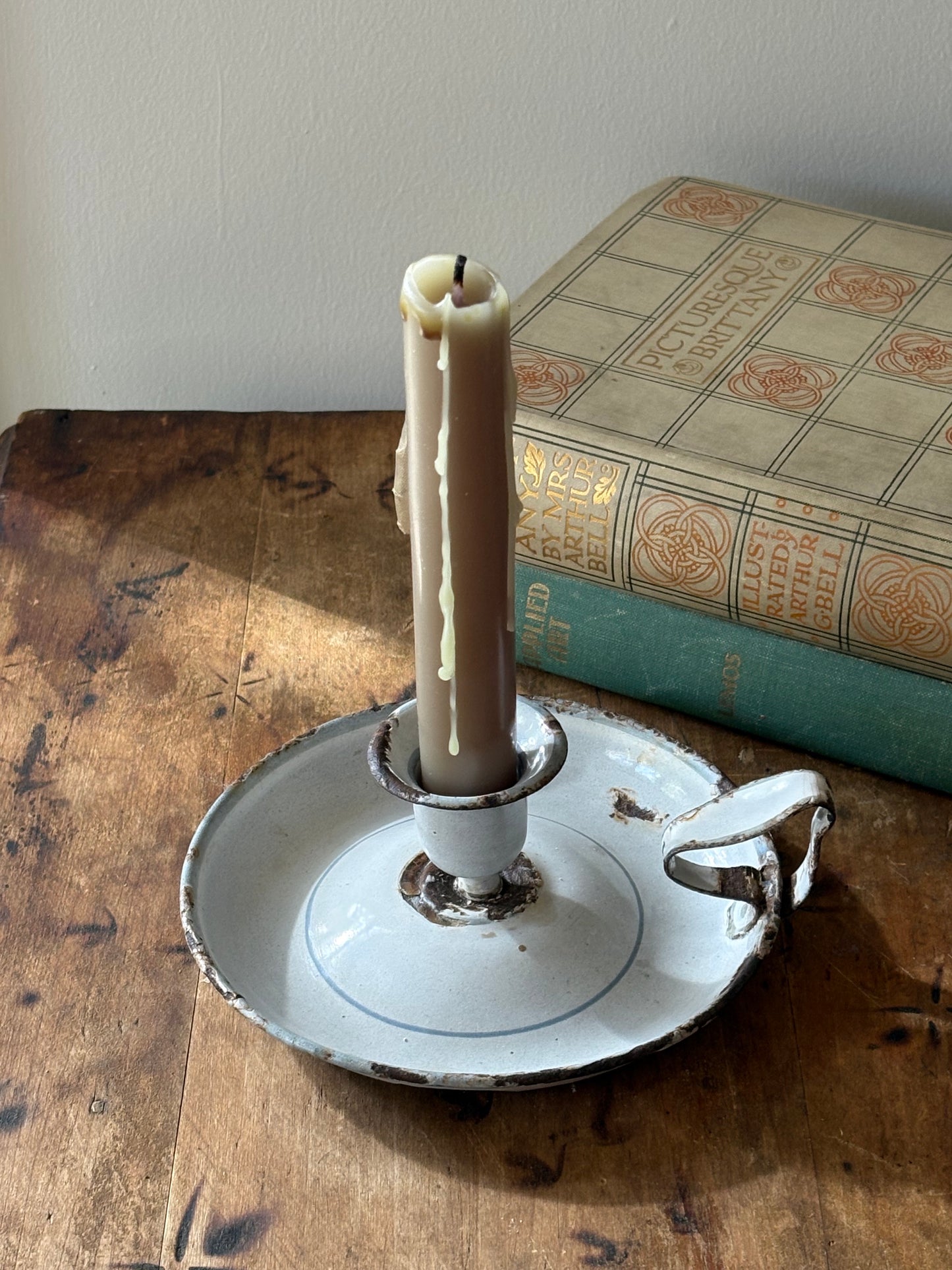 French white enamel chamberstick candleholder