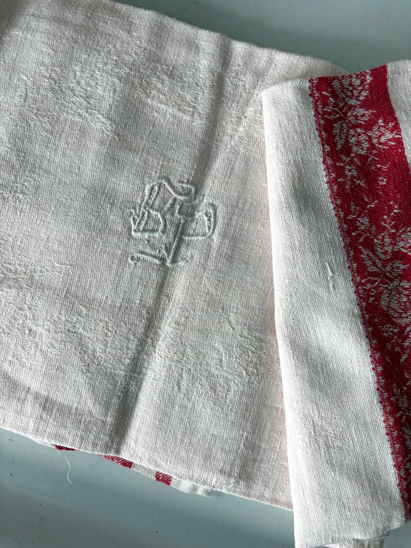 vintage French monogrammed red damask hand towel