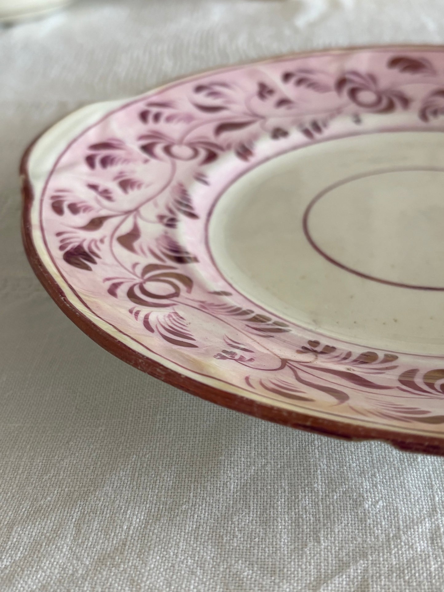 antique English pink lustreware plate