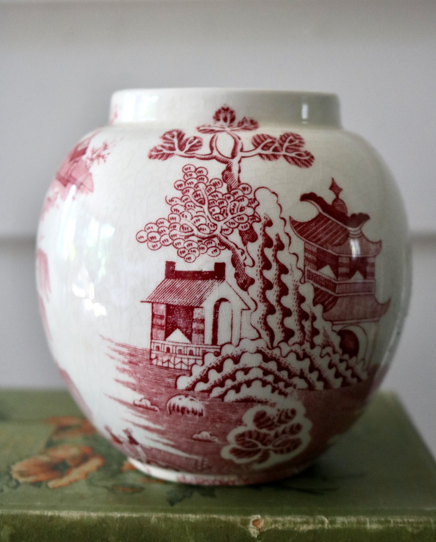 Antique Mason's red cranberry transferware ironstone jar