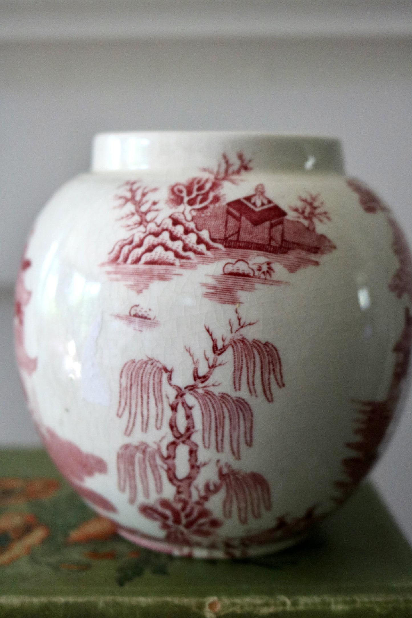 Antique Mason's red cranberry transferware ironstone jar