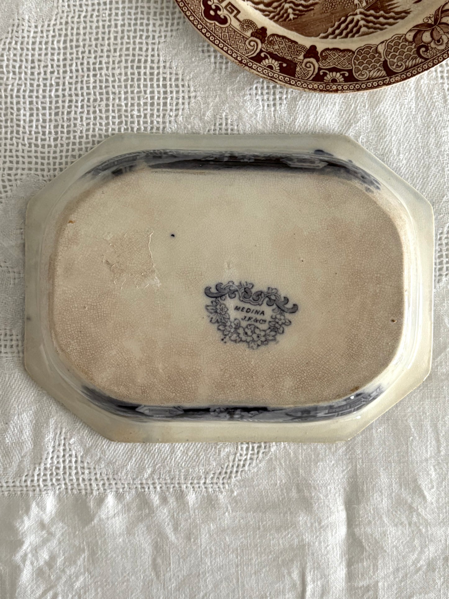 antique English mulberry transferware 'Medina' pattern dish