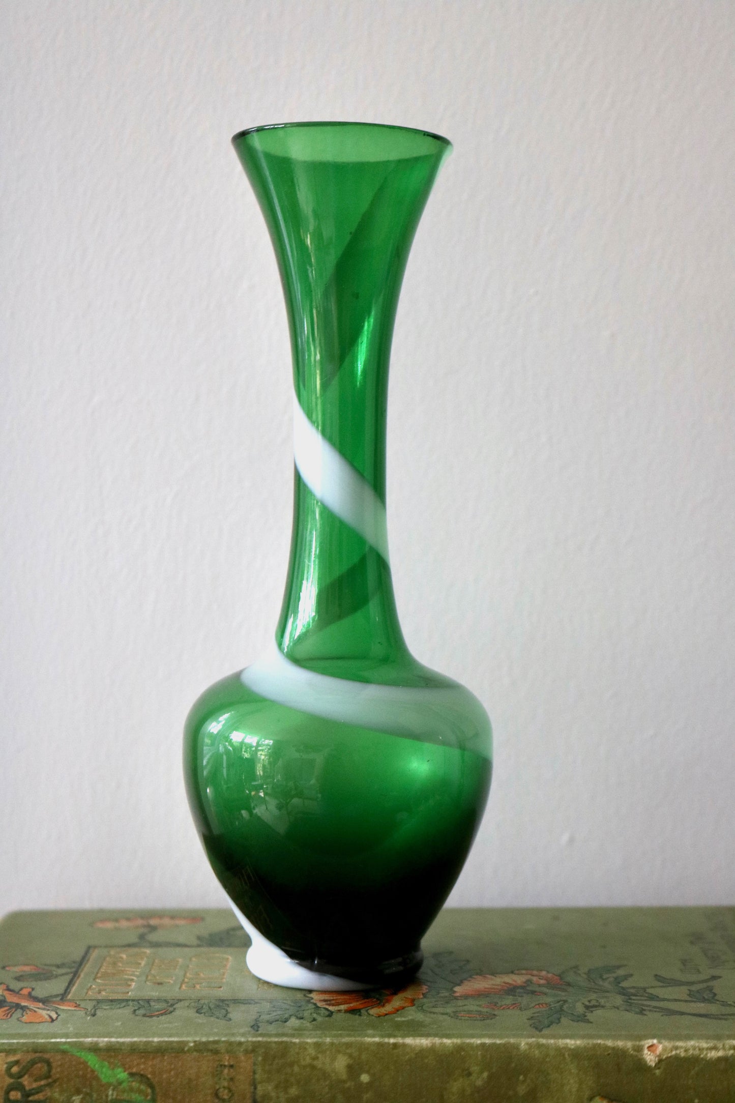 vintage candy stripe green art glass vase