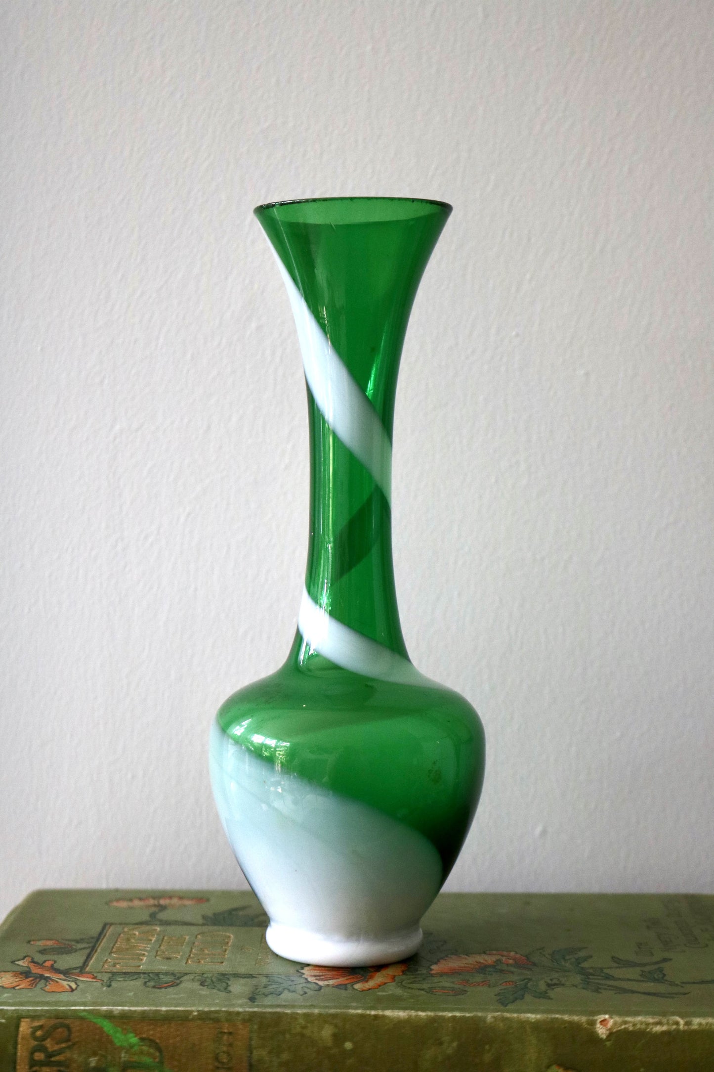 vintage candy stripe green art glass vase