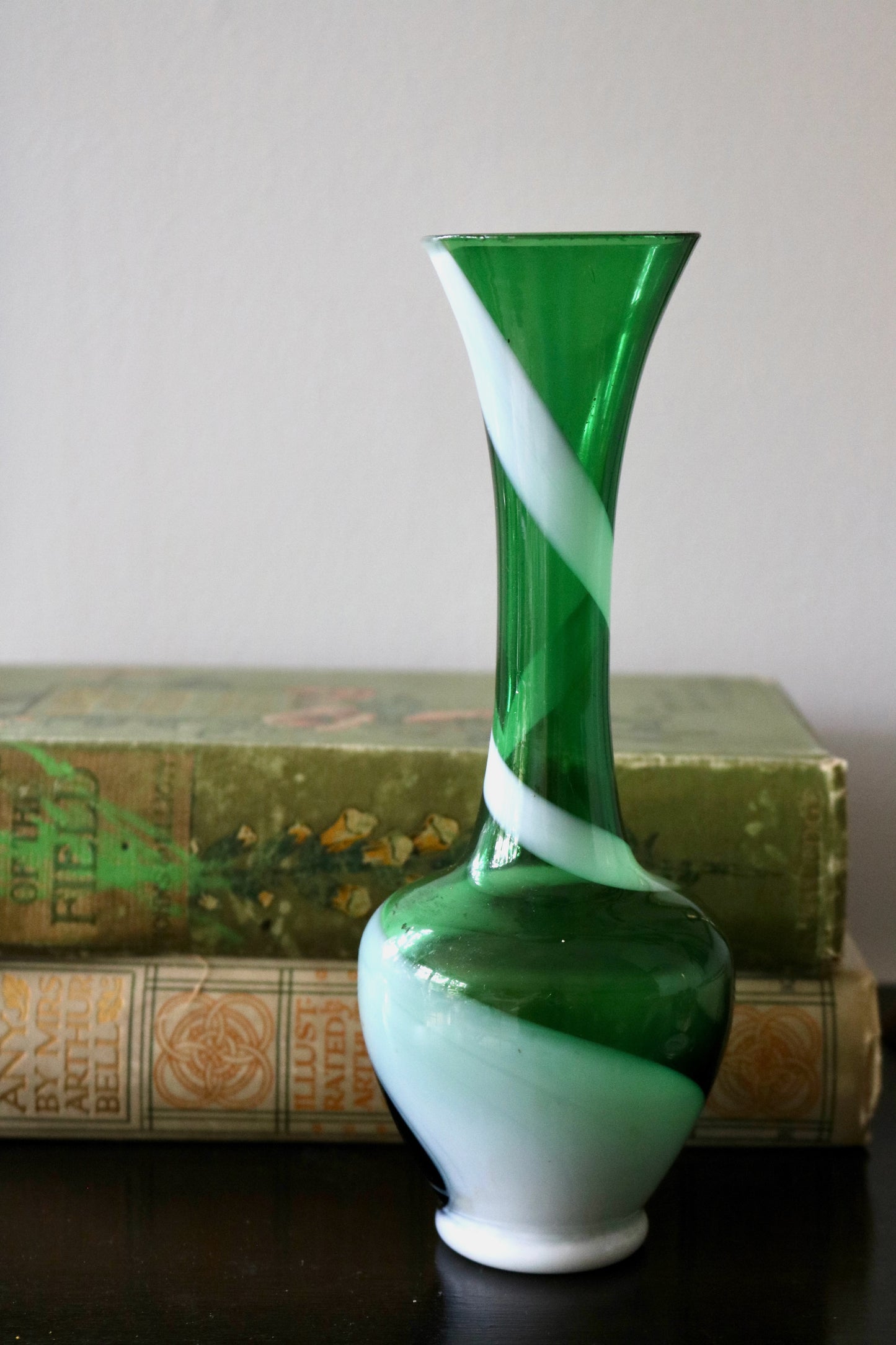 vintage candy stripe green art glass vase