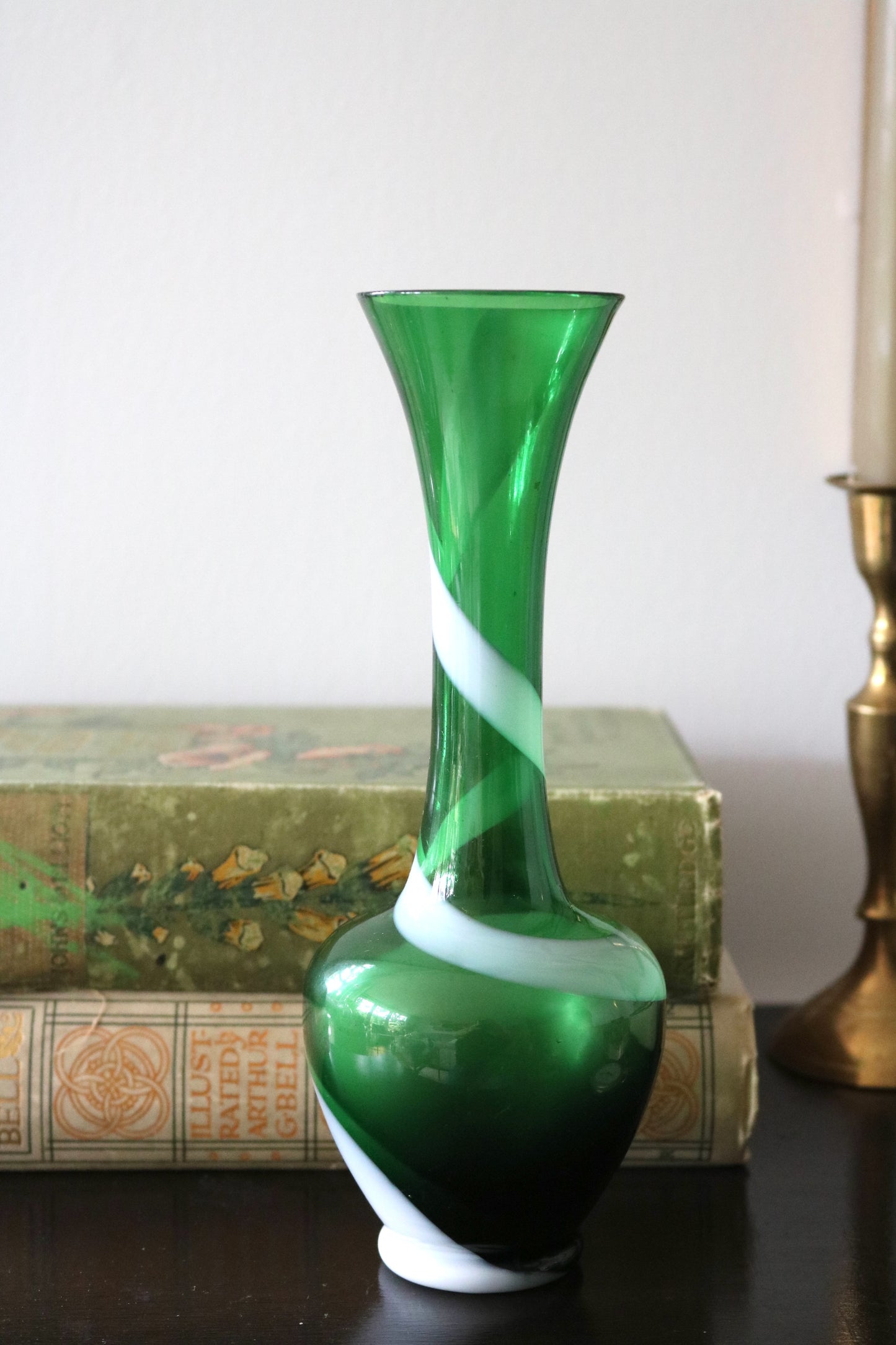 vintage candy stripe green art glass vase