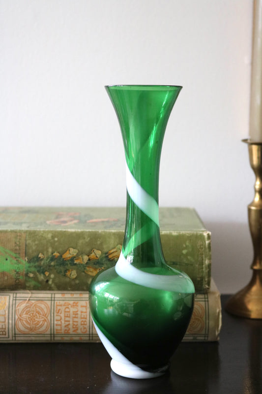 vintage stripe green art glass bud vase