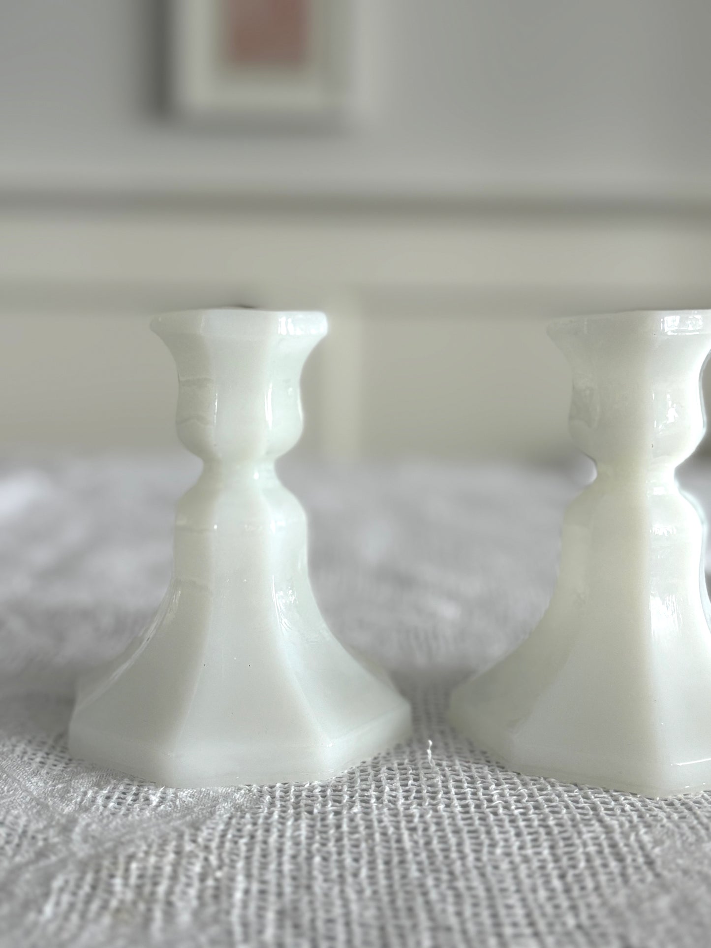 vintage milk glass candle holders, set of two