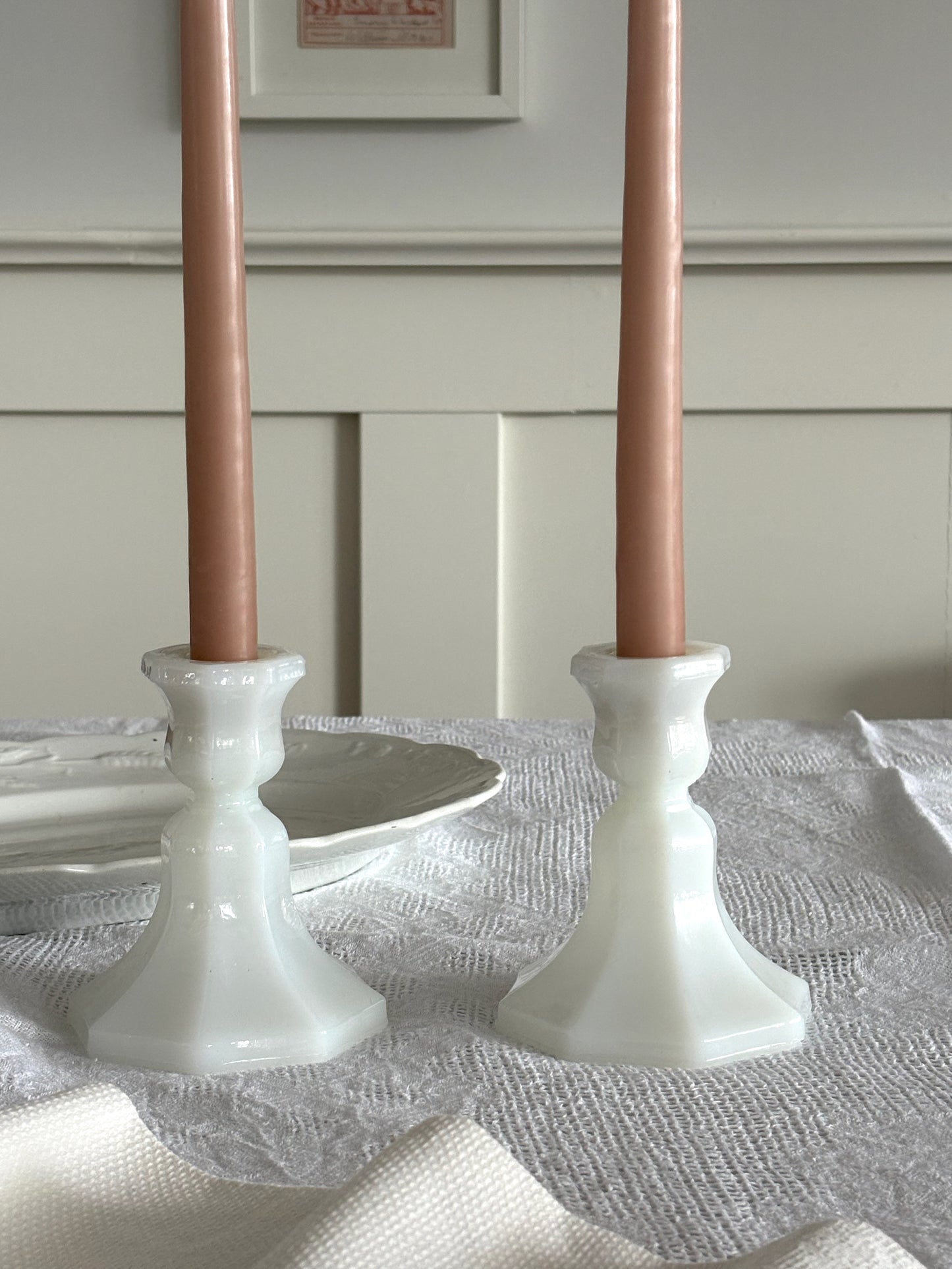 vintage milk glass candle holders, set of two