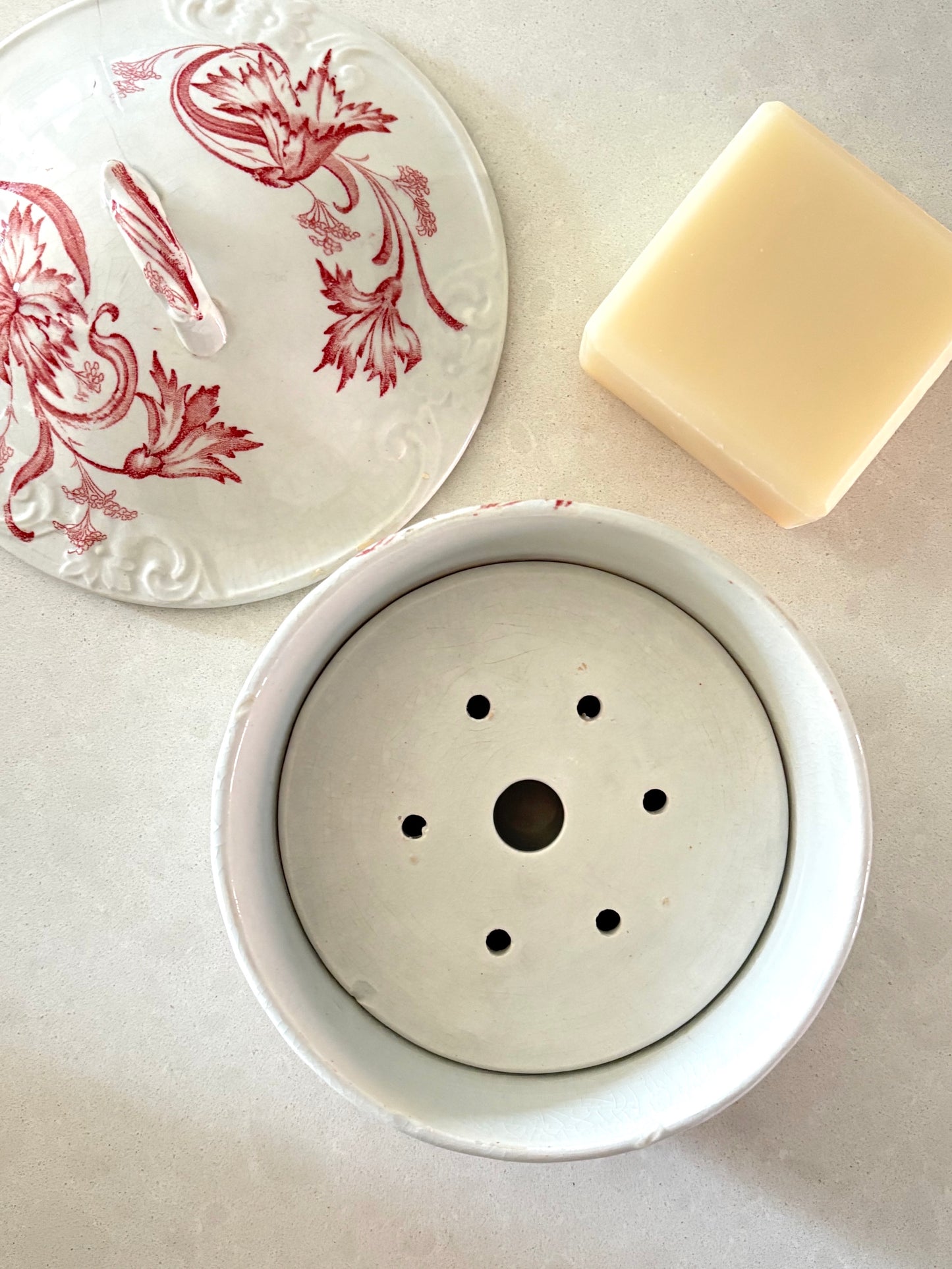 antique pink floral transferware soap dish with drain plate