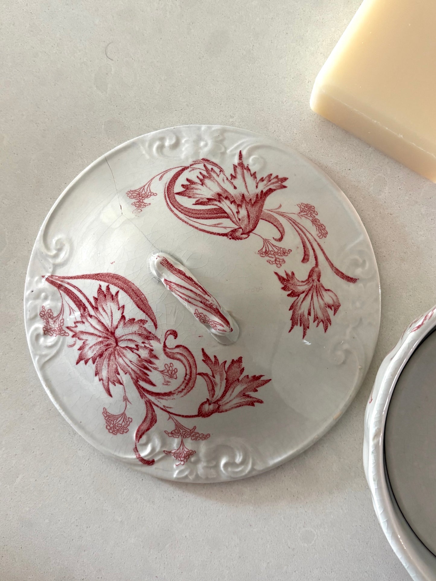 antique pink floral transferware soap dish with drain plate