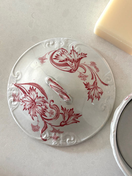 antique pink floral transferware soap dish with drain plate