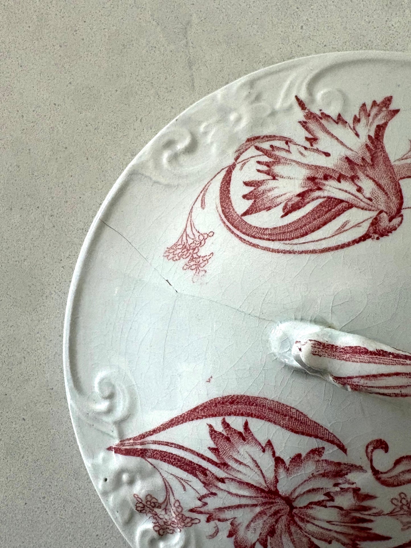 antique pink floral transferware soap dish with drain plate