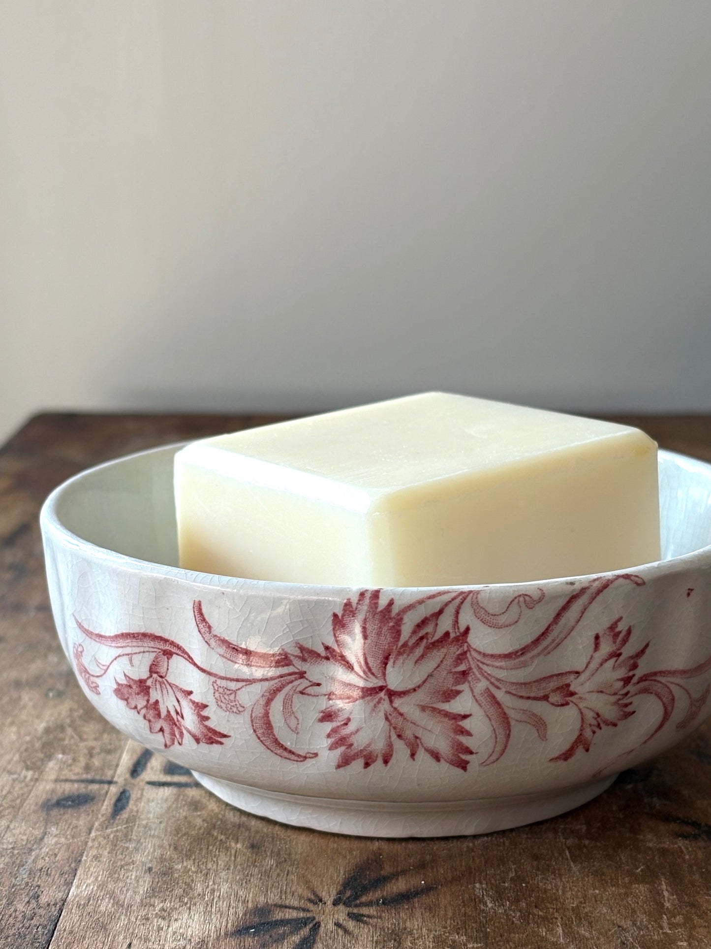 antique pink floral transferware soap dish with drain plate