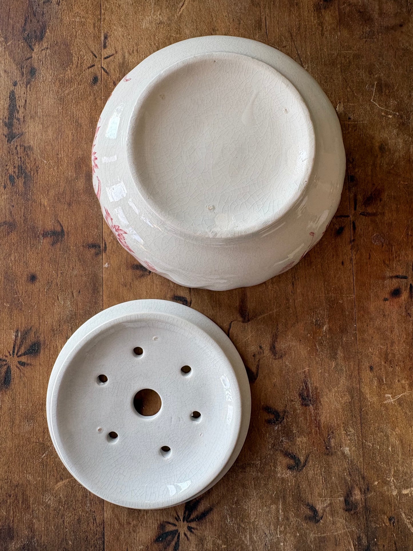 antique pink floral transferware soap dish with drain plate