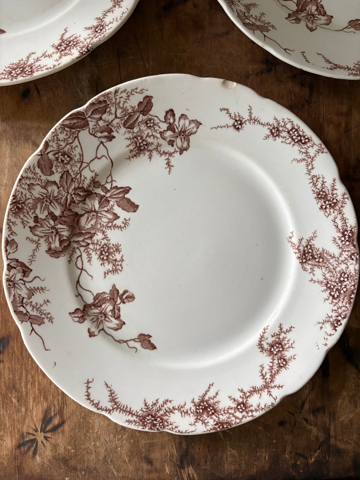 antique English brown transferware plates / set of 3 / instant plate wall display/ Clifford