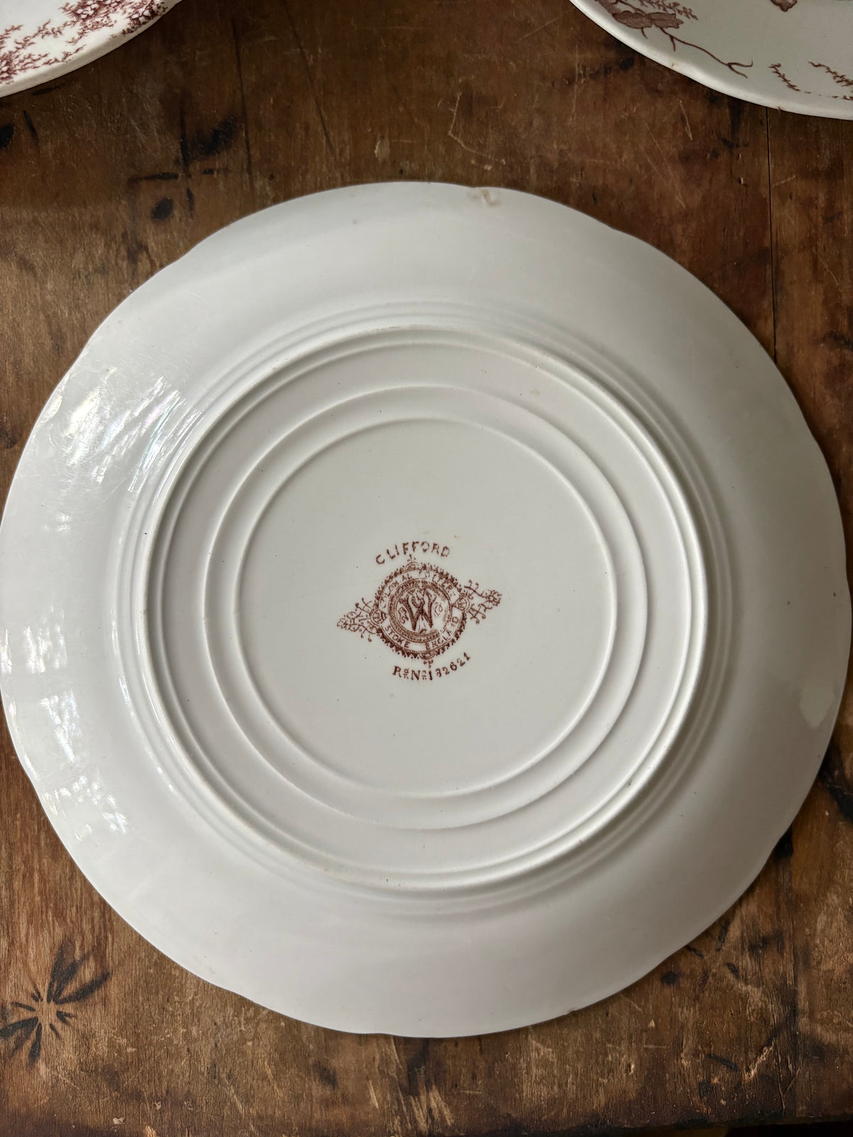 antique English brown transferware plates / set of 3 / instant plate wall display/ Clifford