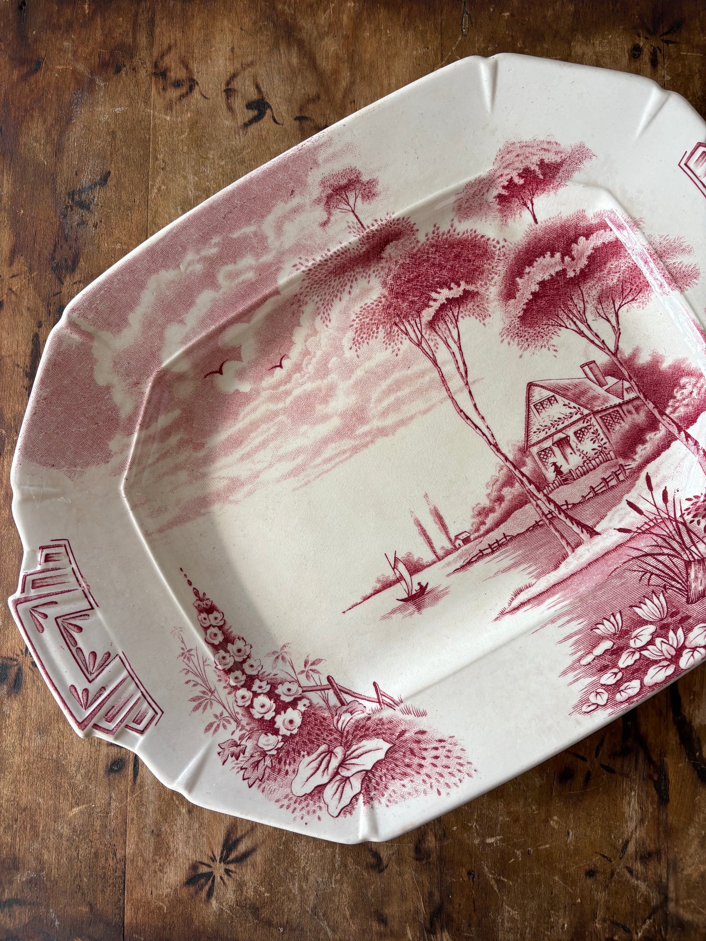 English art deco era red transferware serving platter - Palissy "Lakeland"