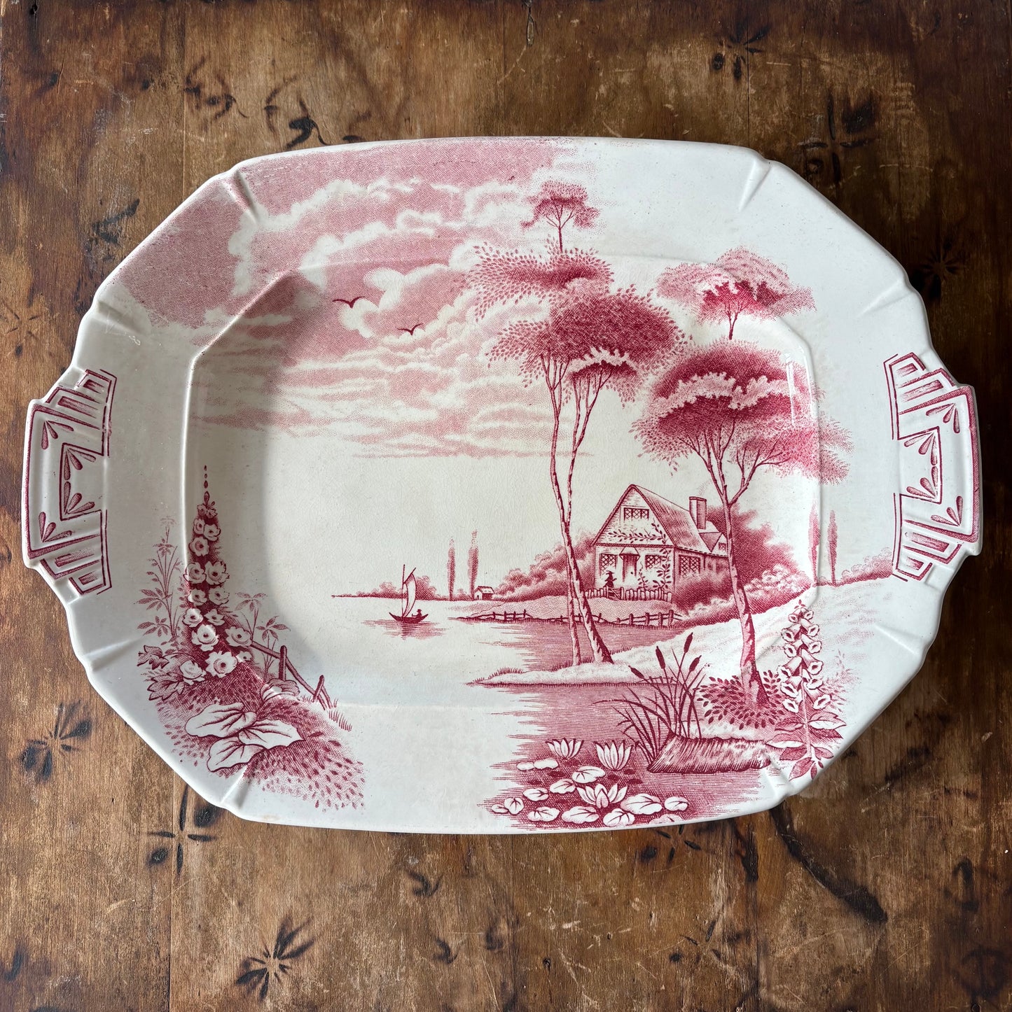 English art deco era red transferware serving platter - Palissy "Lakeland"