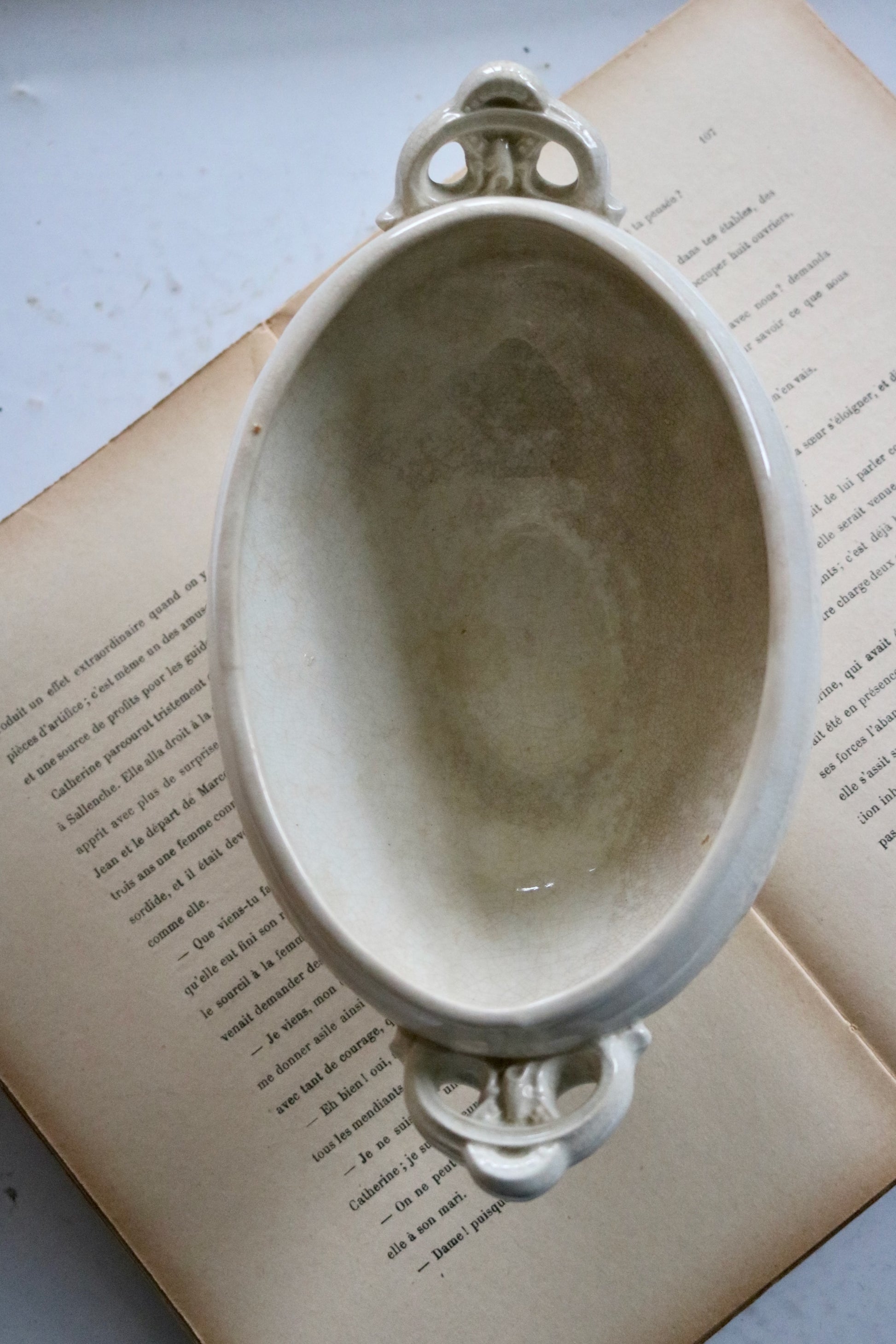 antique English ironstone footed bowl with handles Grindley & Co.