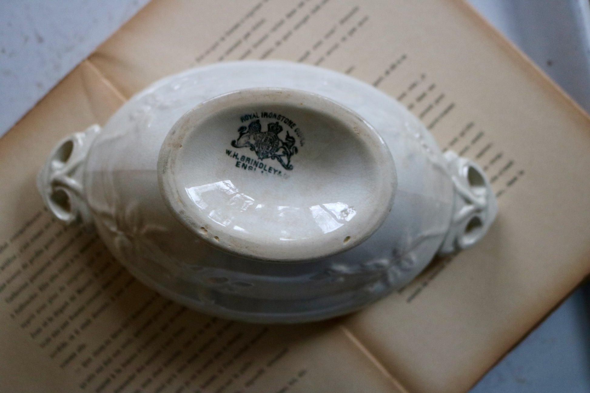 bottom view of antique English ironstone footed bowl with handles Grindley & Co.