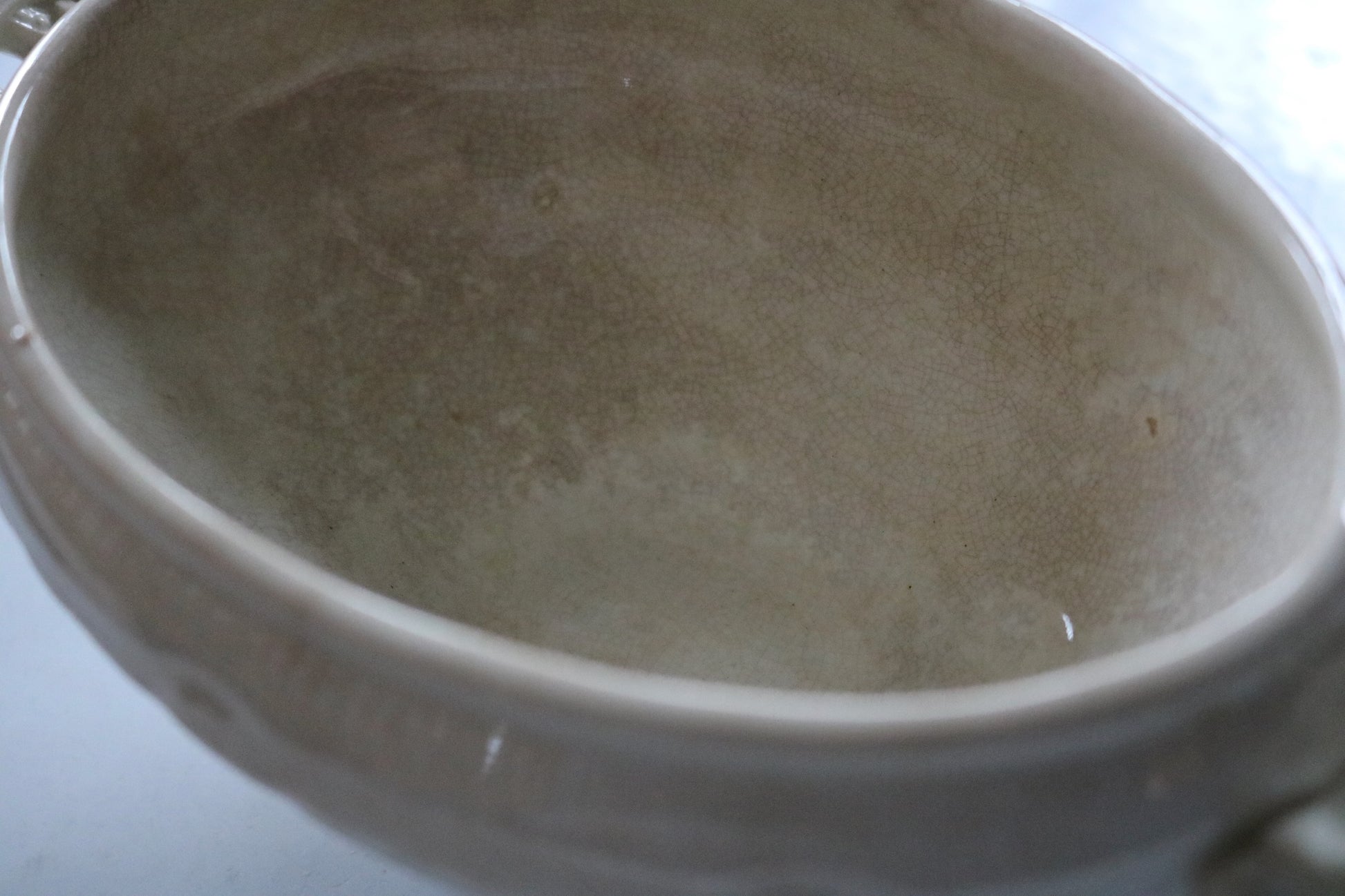 patina on a antique English ironstone footed bowl with handles Grindley & Co.