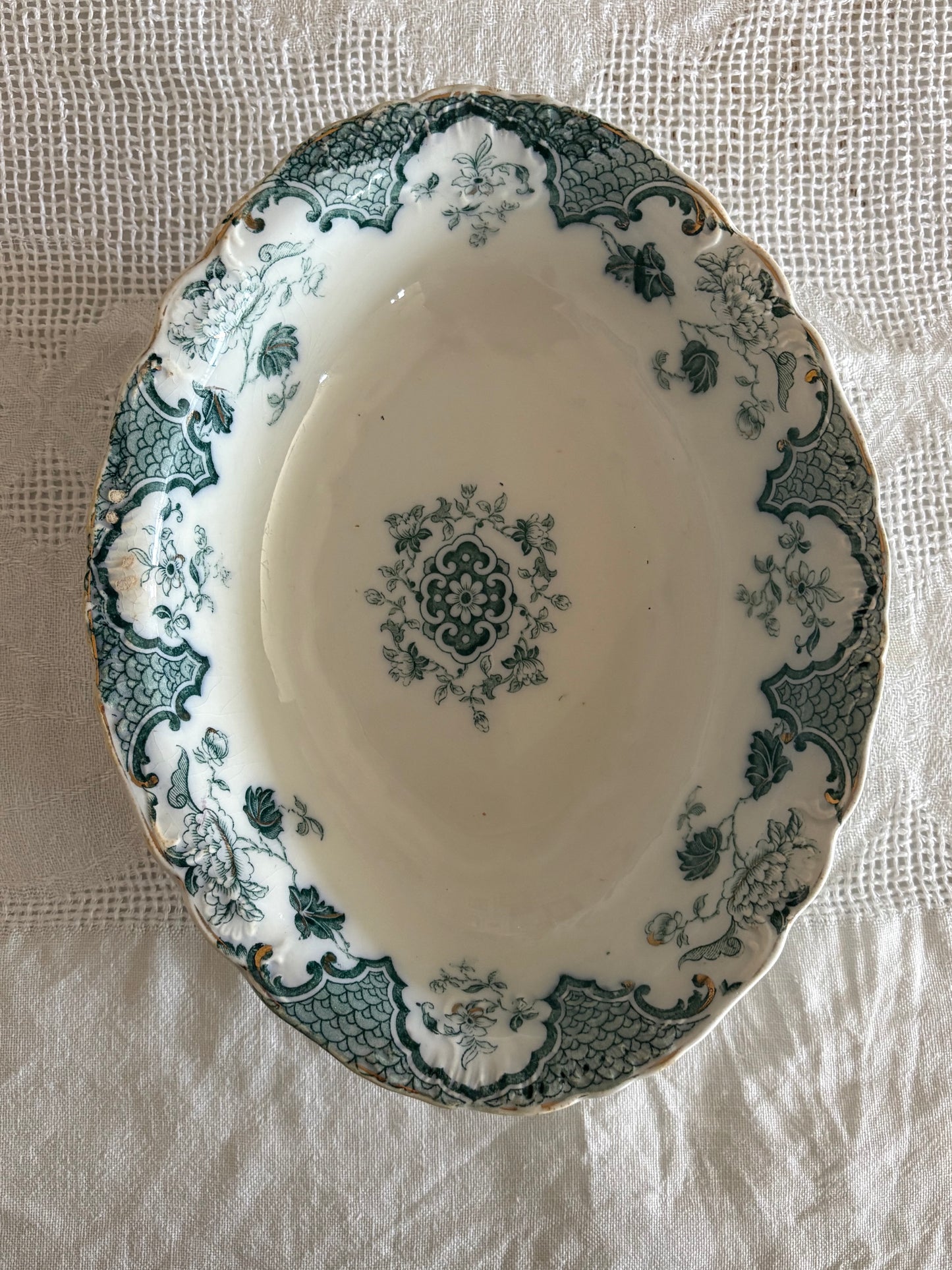 antique teal blue transferware serving dish - J & G Meakin 'Sevres'