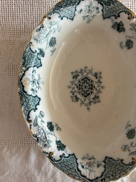 antique teal blue transferware serving dish - J & G Meakin 'Sevres'