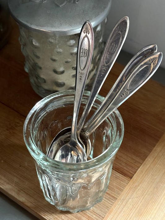 Silver-plate demitasse spoons, set of 4 and jam jar.