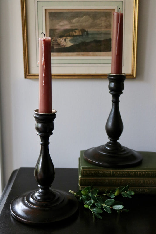 antique turned wood candle holders, set of 2