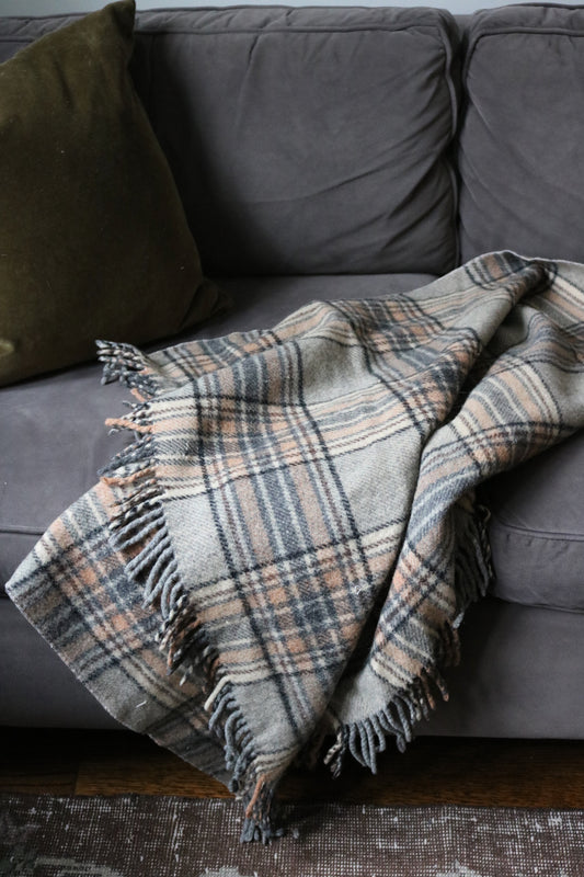 Vintage English wool plaid throw blanket