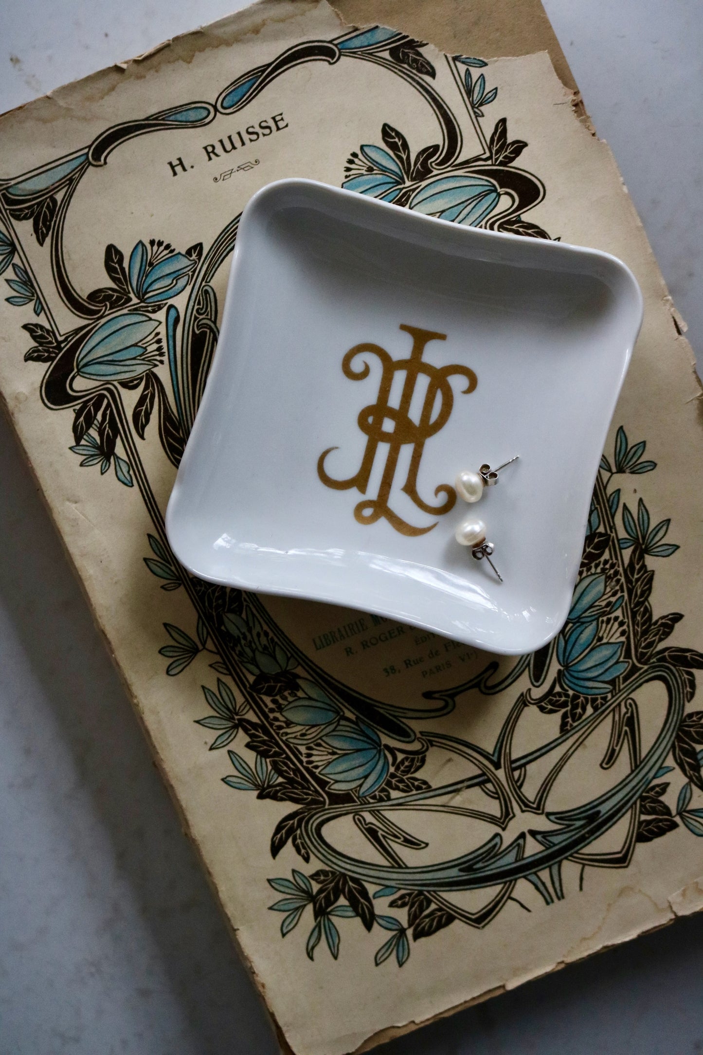 vintage Pillivuyt French porcelain monogrammed trinket or ring dish
