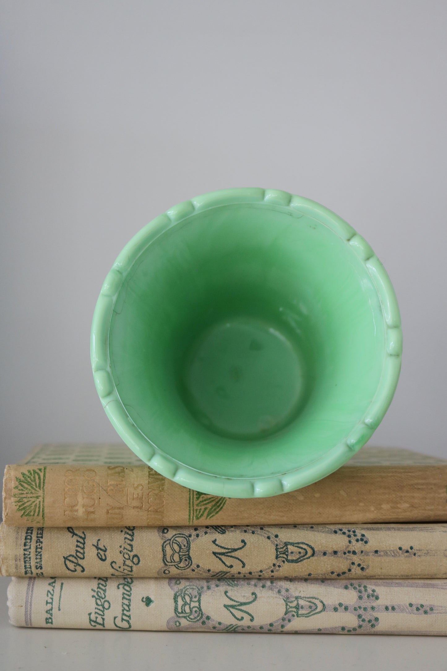 small green Akro Agate flower pot or vase