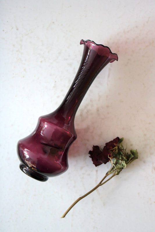 vintage amethyst purple glass bud vase with ruffled rim