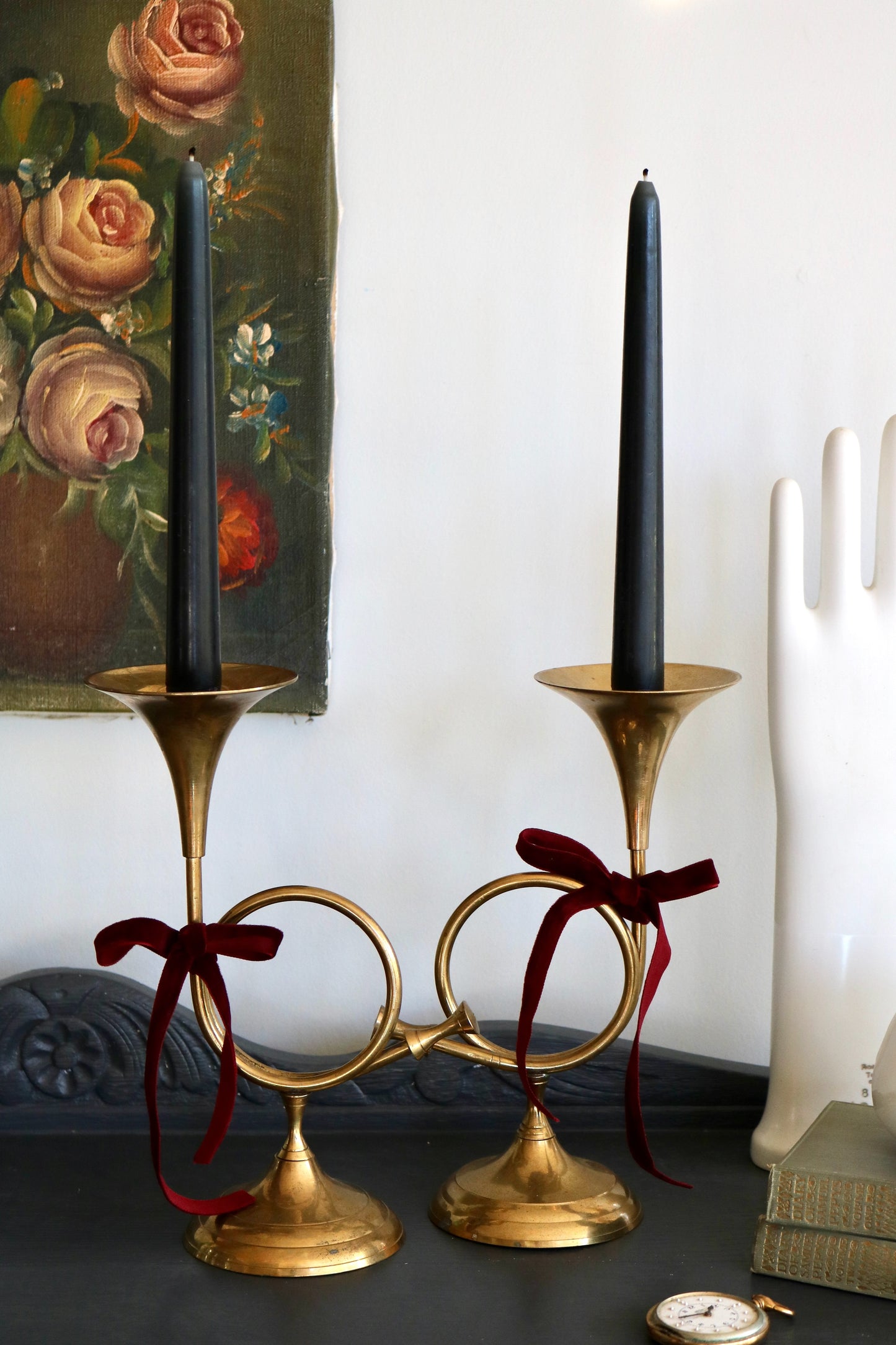 vintage French horn candle stick holders - set of 2