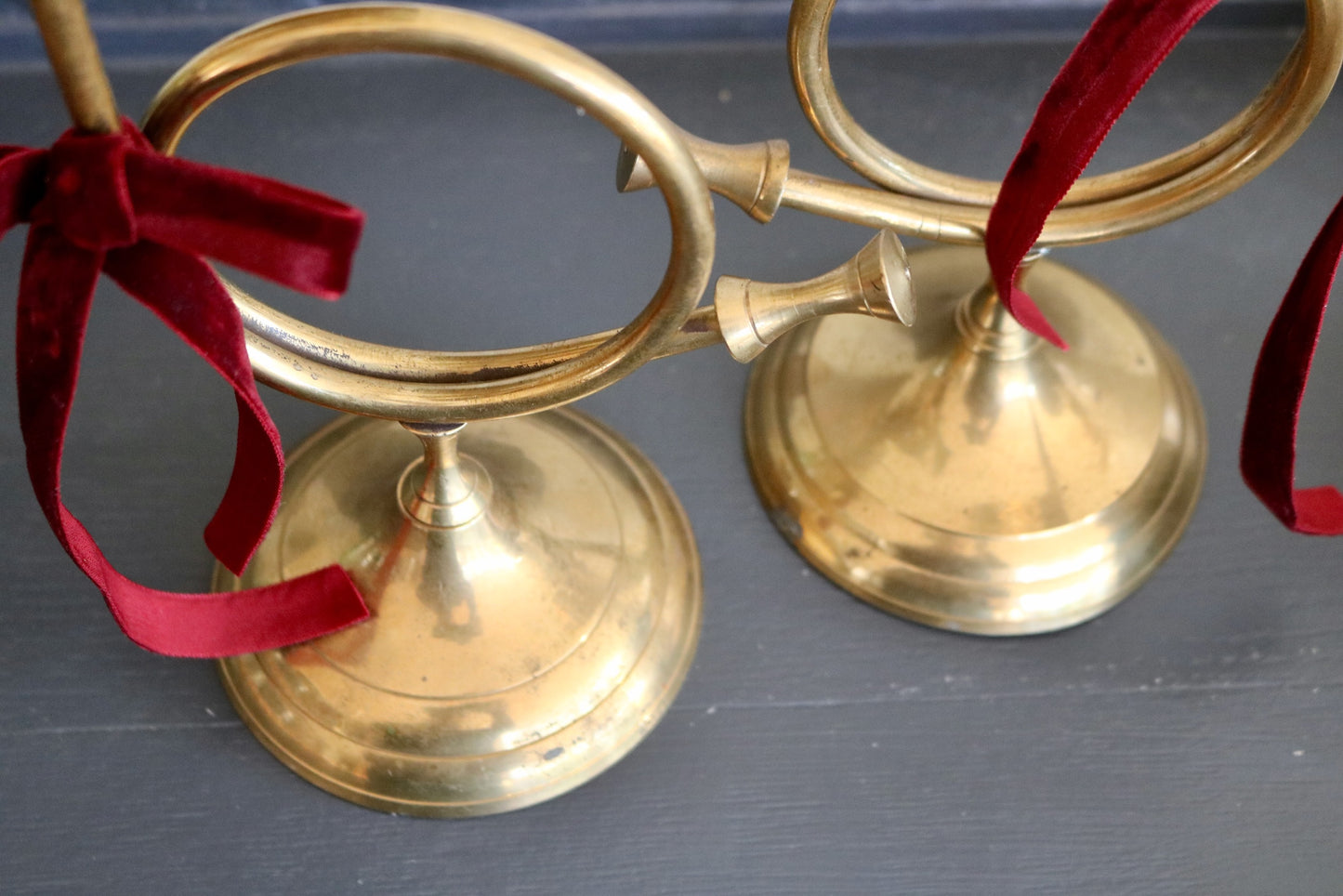 vintage French horn candle stick holders - set of 2