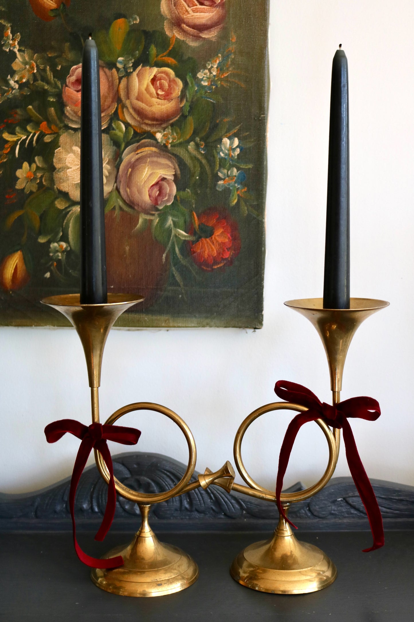 vintage French horn candle stick holders - set of 2