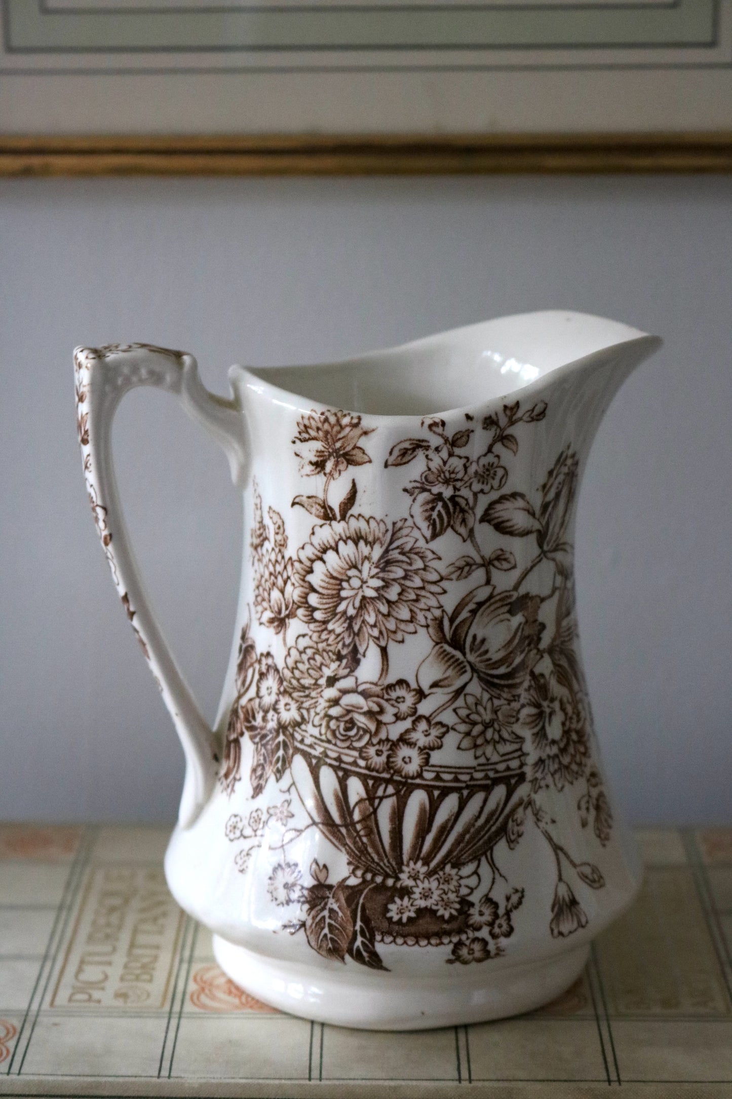 vintage English Alfred Meakin "Floral Bounty" brown floral pitcher