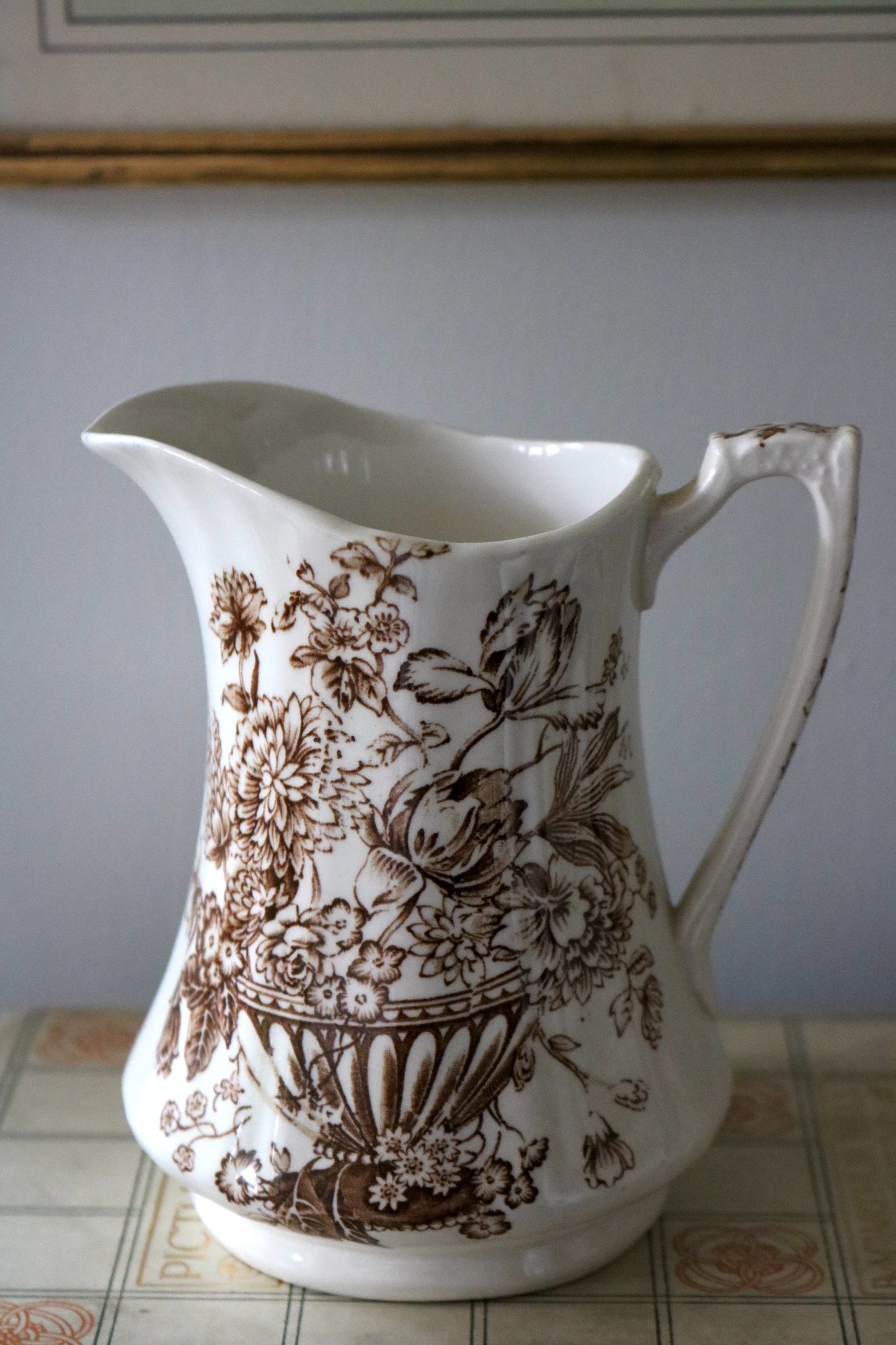 vintage English Alfred Meakin "Floral Bounty" brown floral pitcher