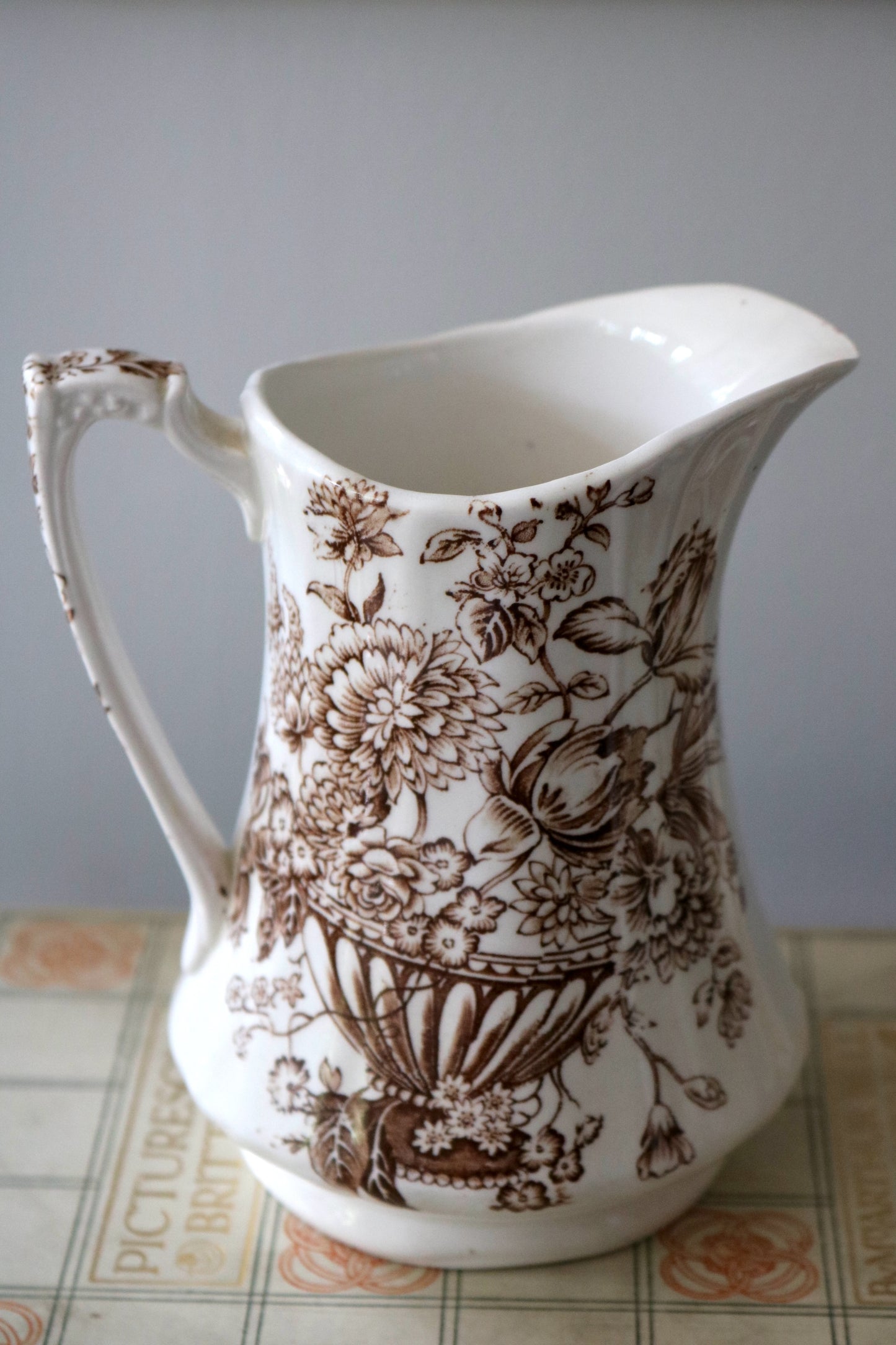 vintage English Alfred Meakin "Floral Bounty" brown floral pitcher