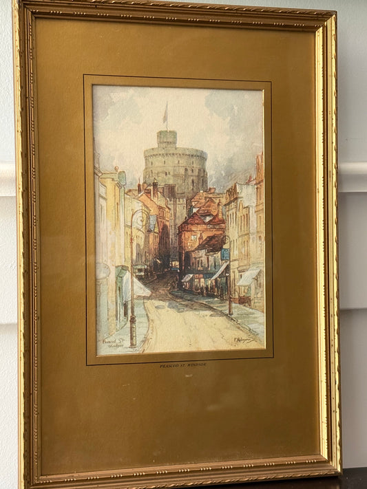 Vintage art print Windsor, England in gold wood frame