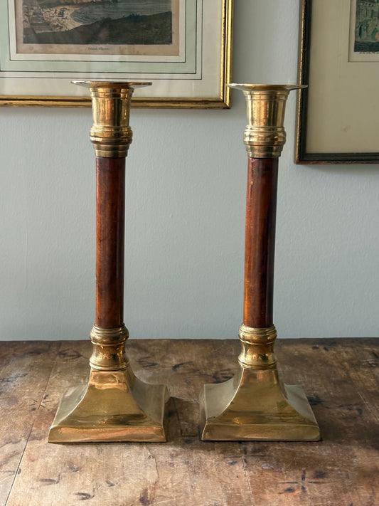Vintage mid-century brass and turned wood candle sticks - Pair 9"