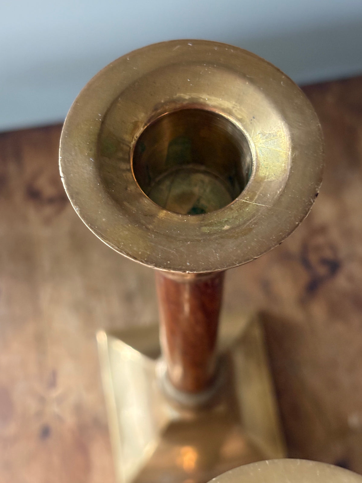 Vintage mid-century brass and turned wood candle sticks - Pair 9"