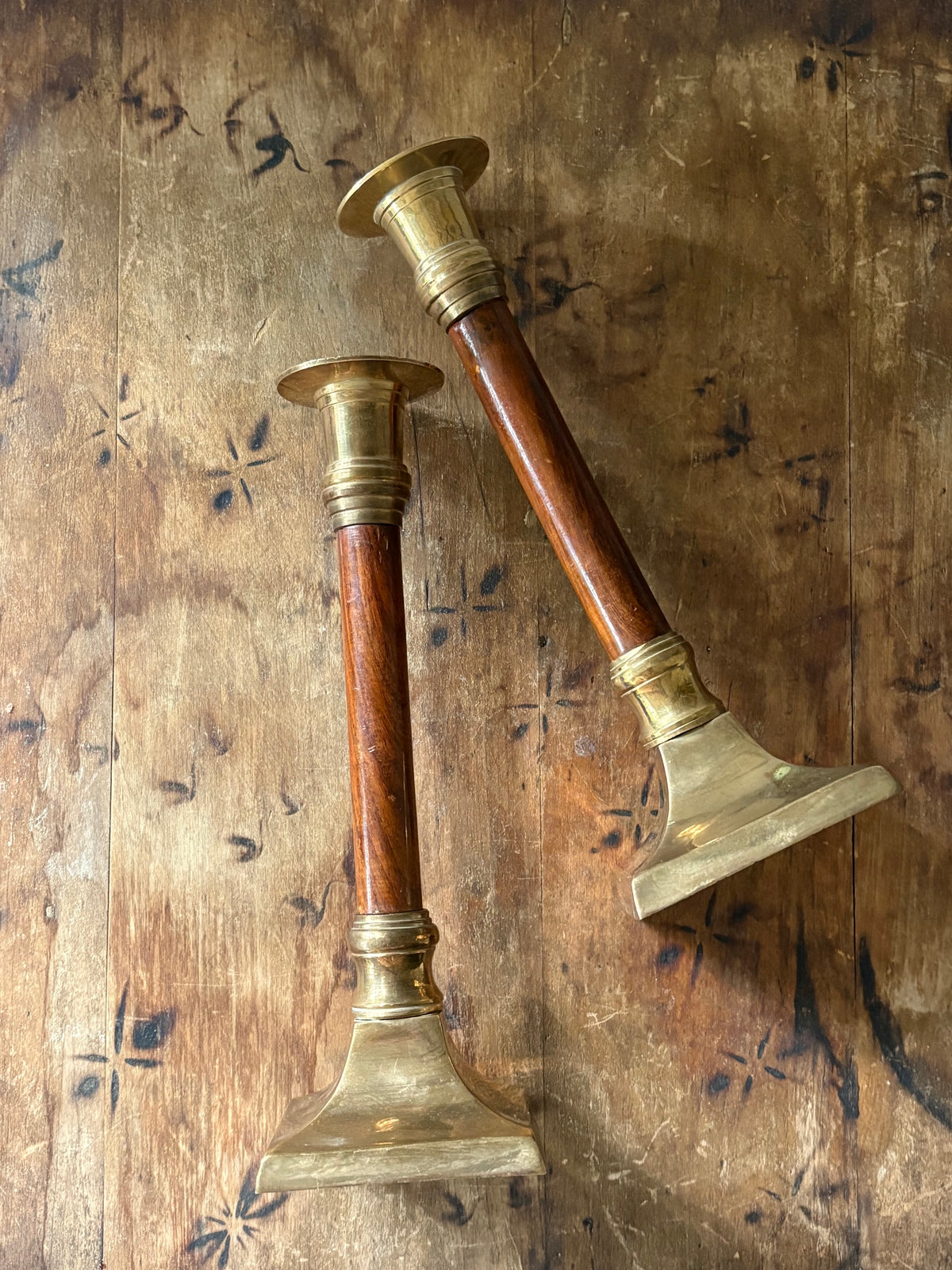 Vintage mid-century brass and turned wood candle sticks - Pair 9"