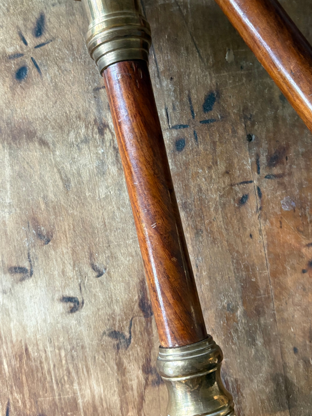 Vintage mid-century brass and turned wood candle sticks - Pair 9"
