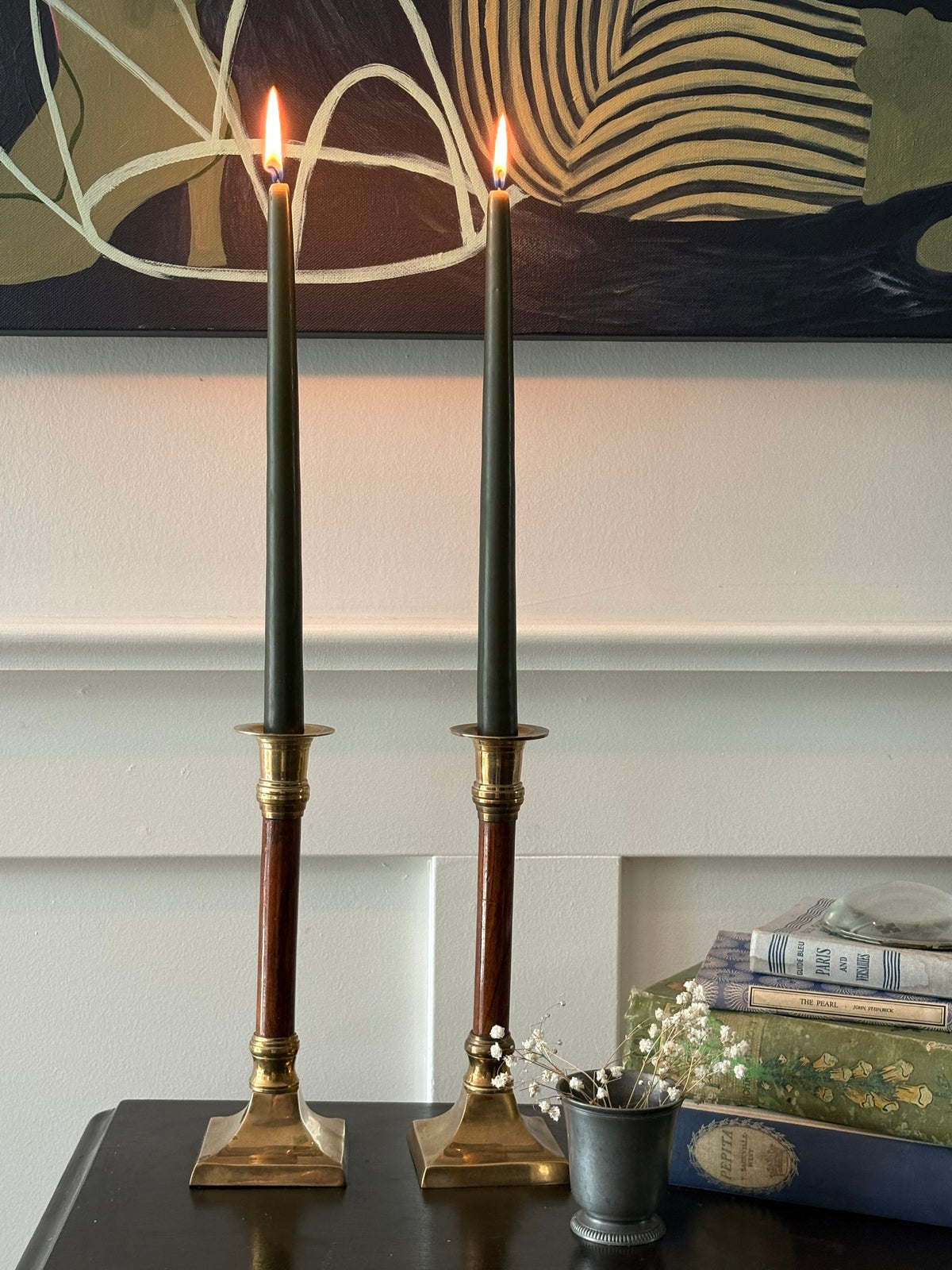Vintage mid-century brass and turned wood candle sticks - Pair 9"