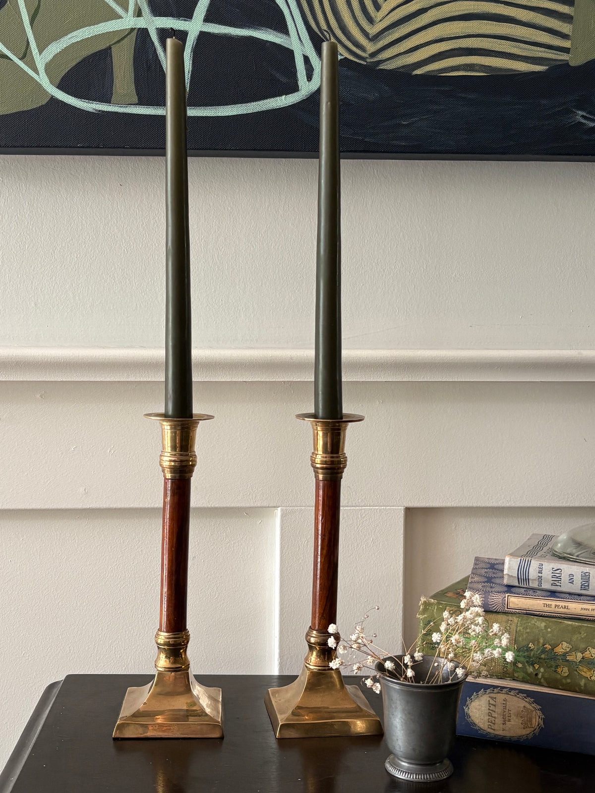 Vintage mid-century brass and turned wood candle sticks - Pair 9"