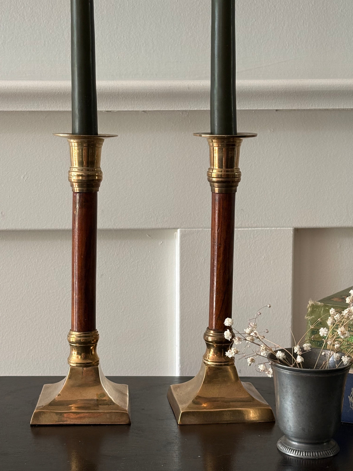 Vintage mid-century brass and turned wood candle sticks - Pair 9"