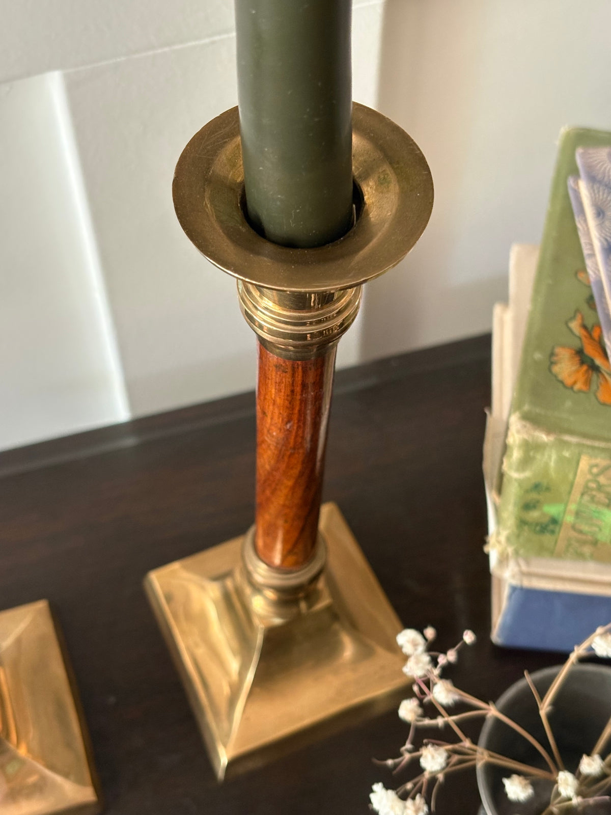 Vintage mid-century brass and turned wood candle sticks - Pair 9"
