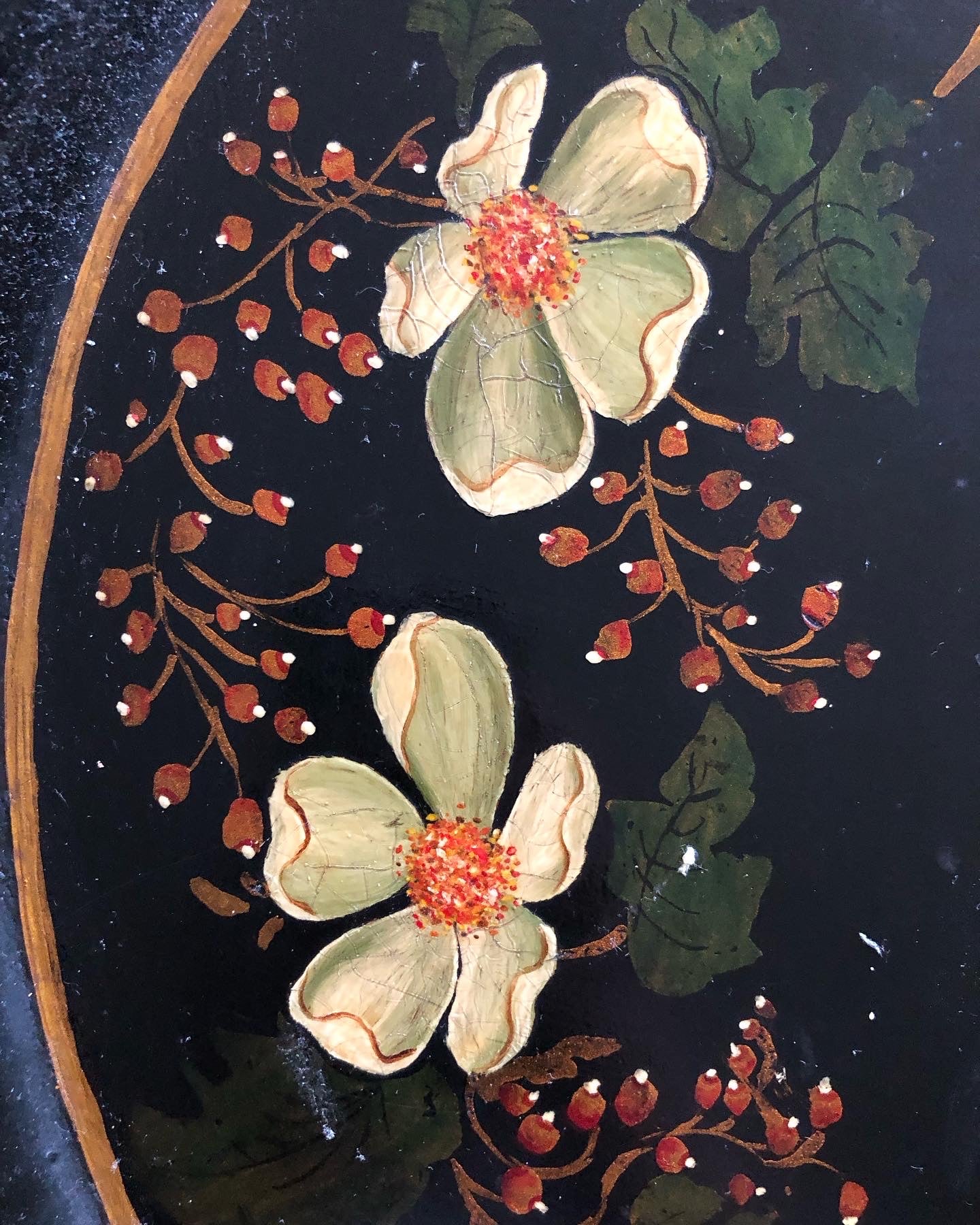 vintage hand-painted floral black enamel toleware tray - local pickup or delivery only